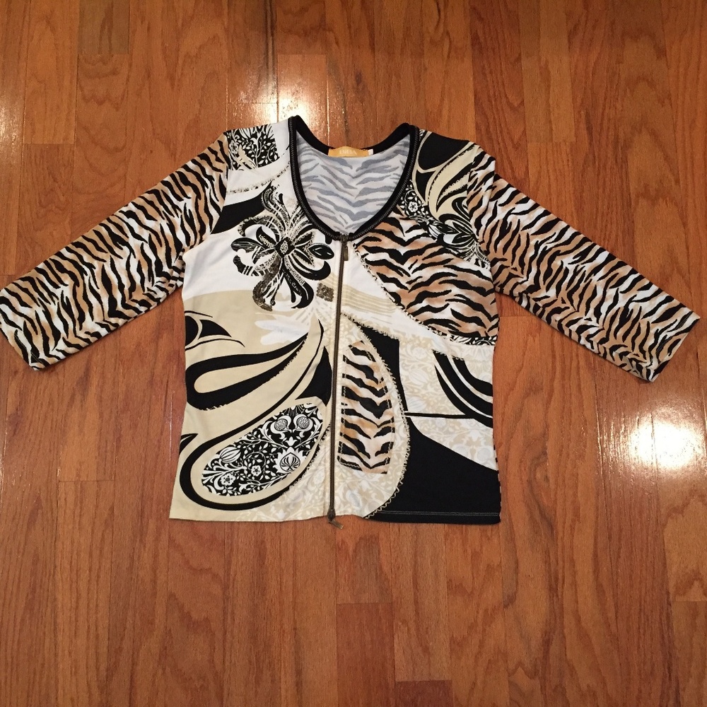 BiBA Women Size 2 Zippered Cardigan Sweater animal print graphic Cozy Career
